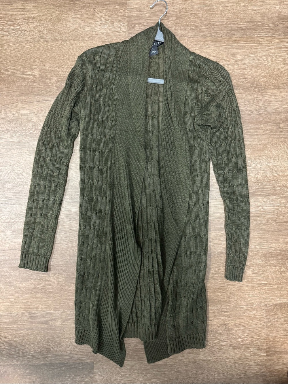 Ralph Lauren Black Label Olive Green Open-Front Cable Knit Women's Cardigan
